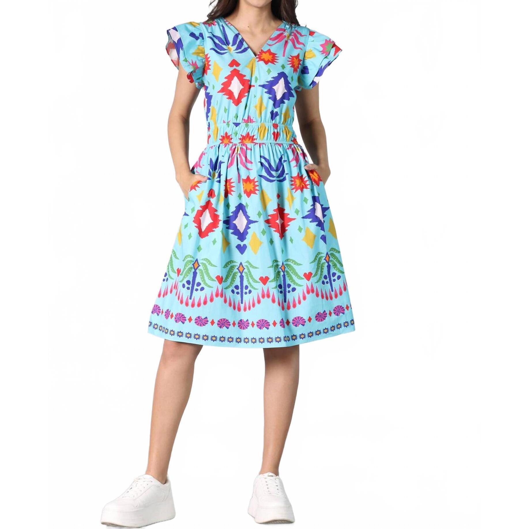 New Maude Vivante Arianna V-Neck Dress In Aqua Ikat